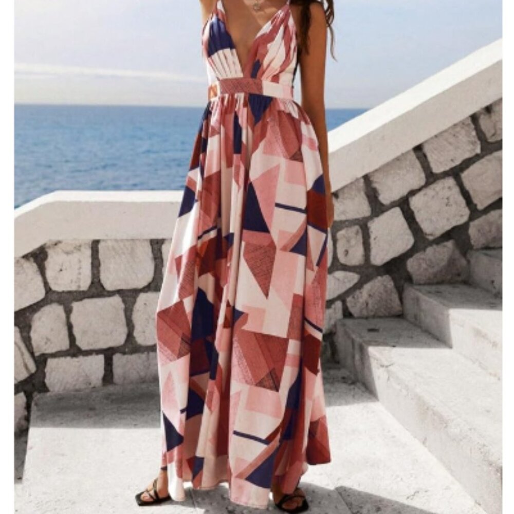 Elegant Multicolor Geometric Maxi Dress